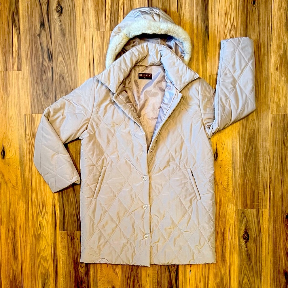 Bellina Tan Puffer Trench Coat with Detachable Fur-trimmed Hood - Size XL